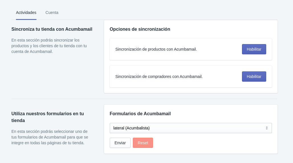 Pantalla principal de la integración con Shopify